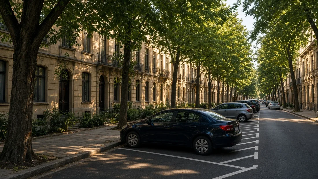 Ağaçlı bir caddede çizgili yol kenarı park cepleri ve arkada taş cepheli eski binalar