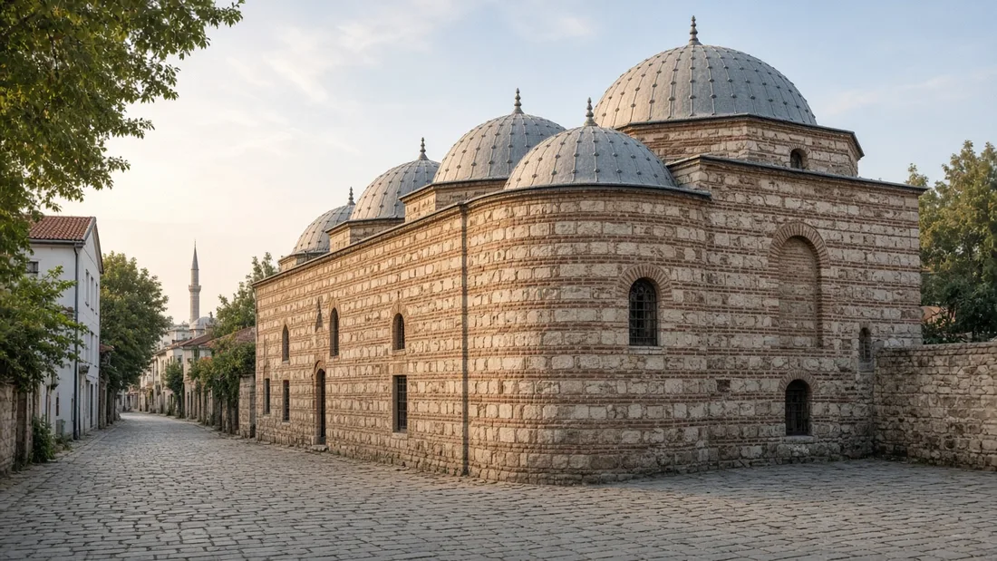 Tuğla ve kesme taş sıralarıyla örülmüş, kubbeleri kurşun kaplı tarihi bir hamam yapısının dış cephesi, önünde taş döşeli sokak