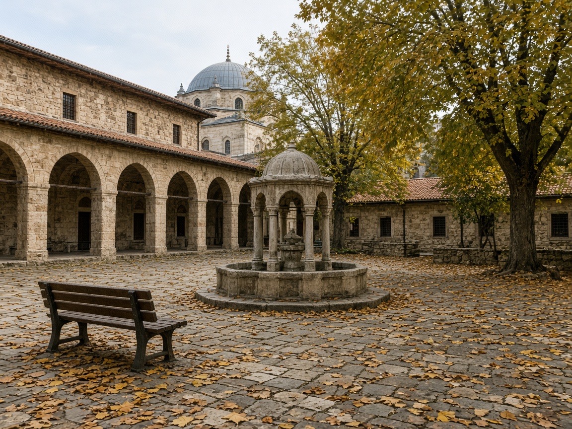 Sonbahar ışığında asma çardaklı tarihi konak avlusu