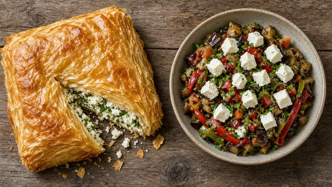 Ahşap masada ufalanmış beyaz peynirle hazırlanmış börek ve közlenmiş sebze salatası