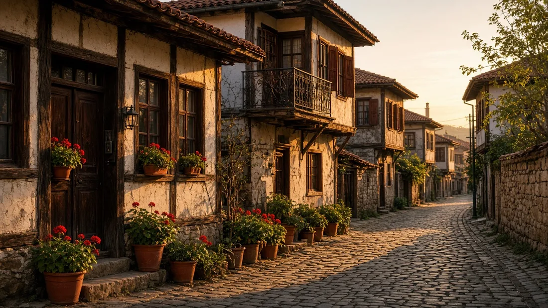 Akşamüstü ışığında boş, dar bir mahalle sokağı, kiremit çatılı ahşap evler ve kapı önlerinde saksı çiçekleri