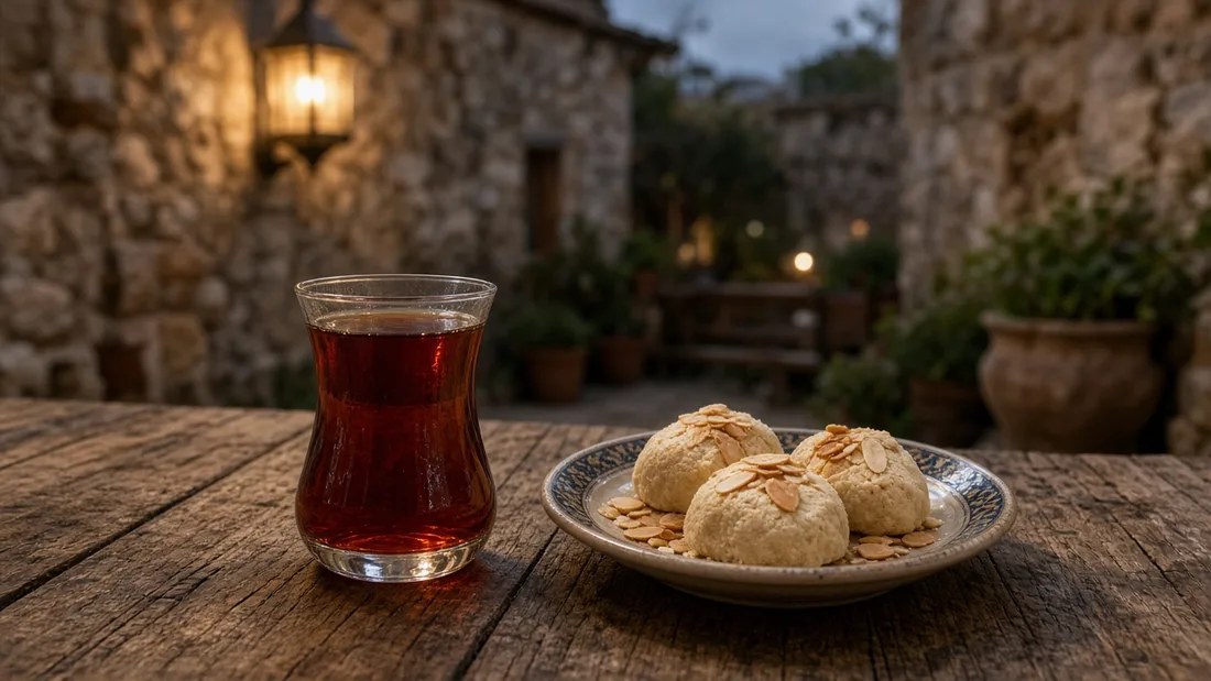 Akşam ışığında taş avluda ince belli bardakta çay ve küçük tatlı tabağı