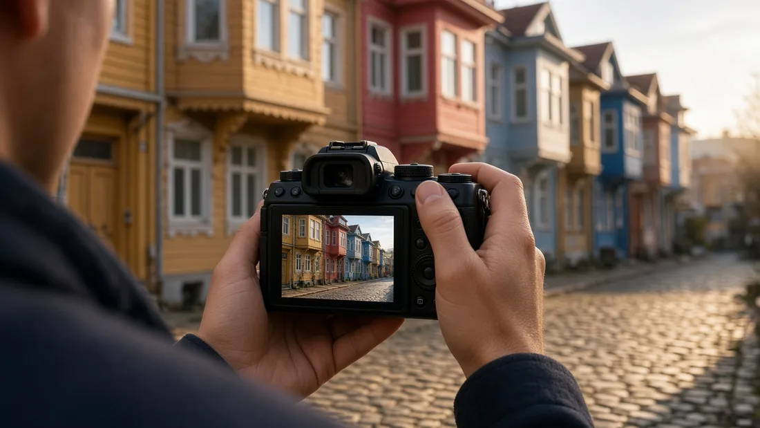 Fotoğraf makinesiyle renkli cumbalı ahşap evlerin sıralandığı taş sokağı çeken bir gezgin