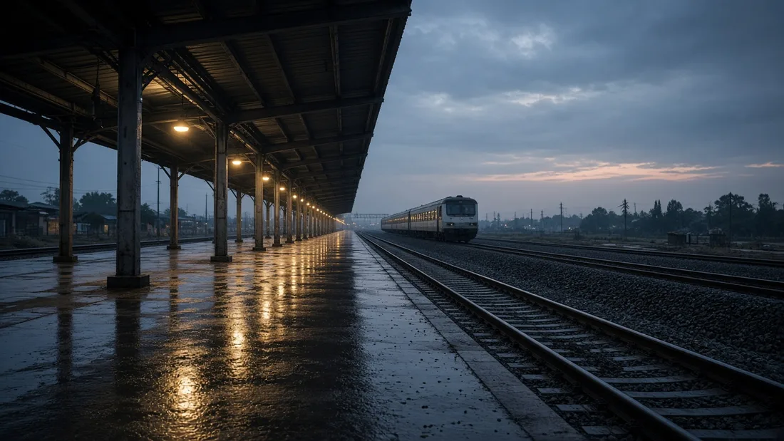 Yağmur sonrası ıslak bir peronda yansıyan istasyon ışıkları ve uzakta bekleyen boş bir yolcu treni
