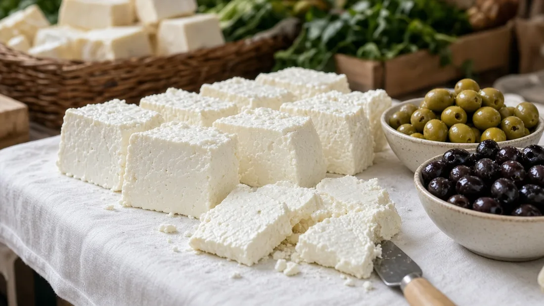 Bir pazar tezgâhında beyaz kumaş üzerine dizilmiş büyük beyaz peynir kalıpları, yanında kâselerde siyah ve yeşil zeytin, bir köşede taze kesilmiş peynir dilimleri