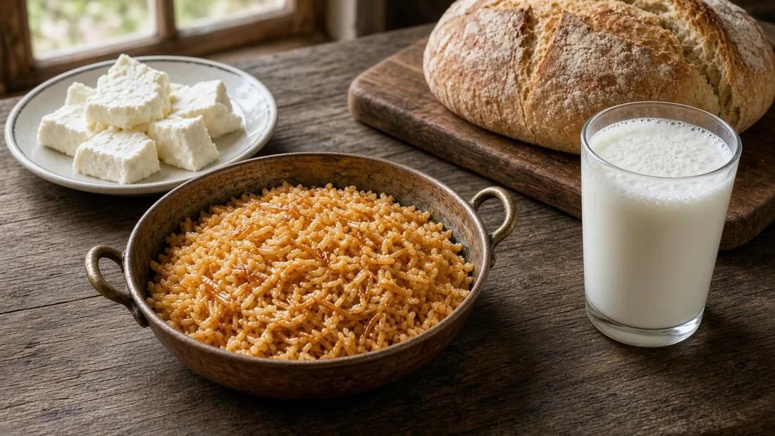 Ahşap bir masada bakır sahanda tereyağlı pilav, dilimlenmiş beyaz peynir, köy ekmeği ve bir bardak ayran; yumuşak gün ışığı
