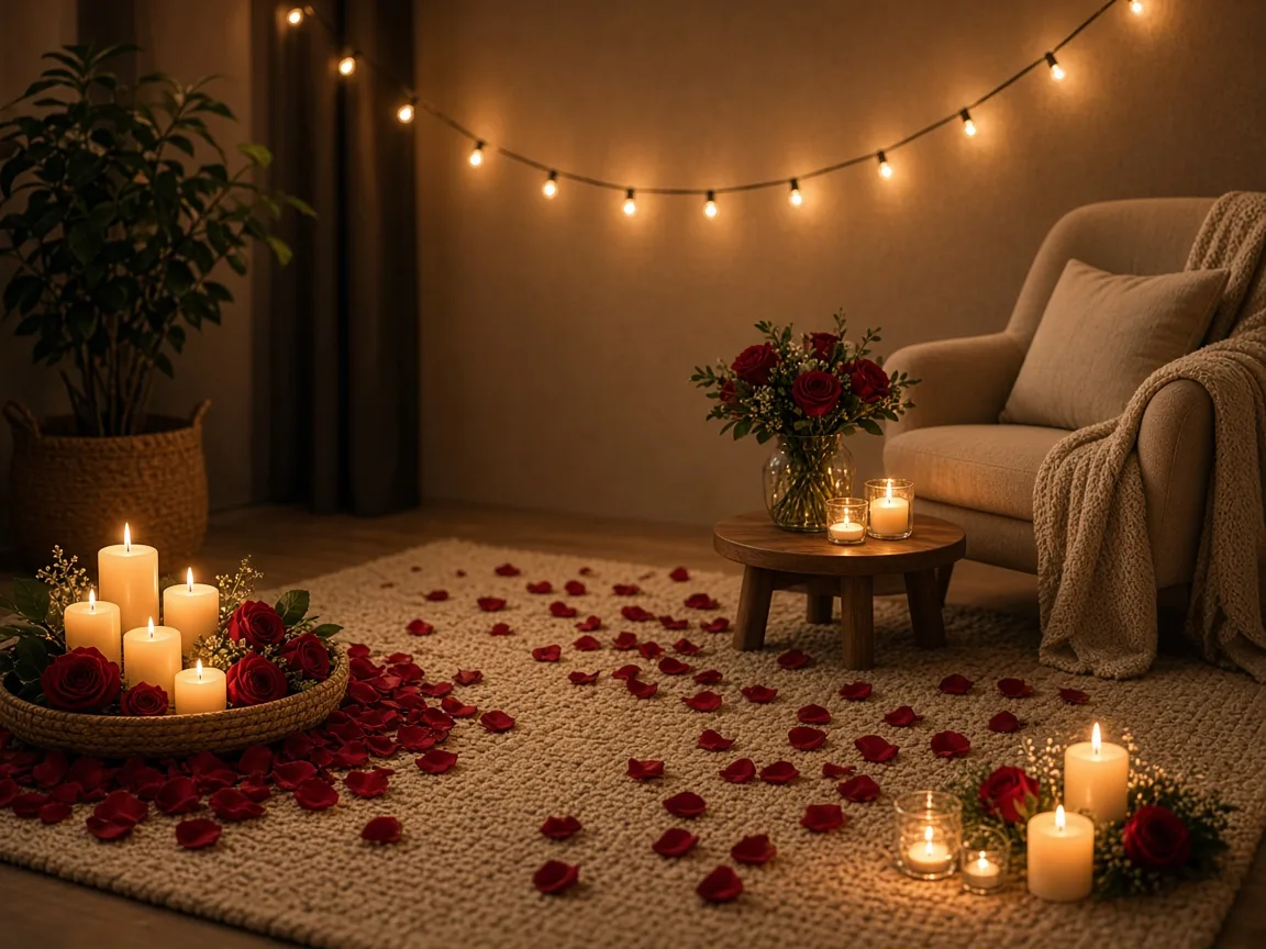 Mumlar, gül yaprakları ve sıcak ışık zinciriyle sade ve romantik teklif süslemesi