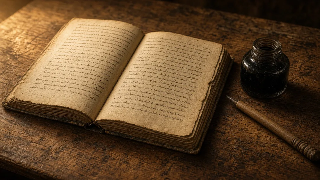 Eski bir masada açık duran el yazması bir defter, mürekkep hokkası ve kamış kalem