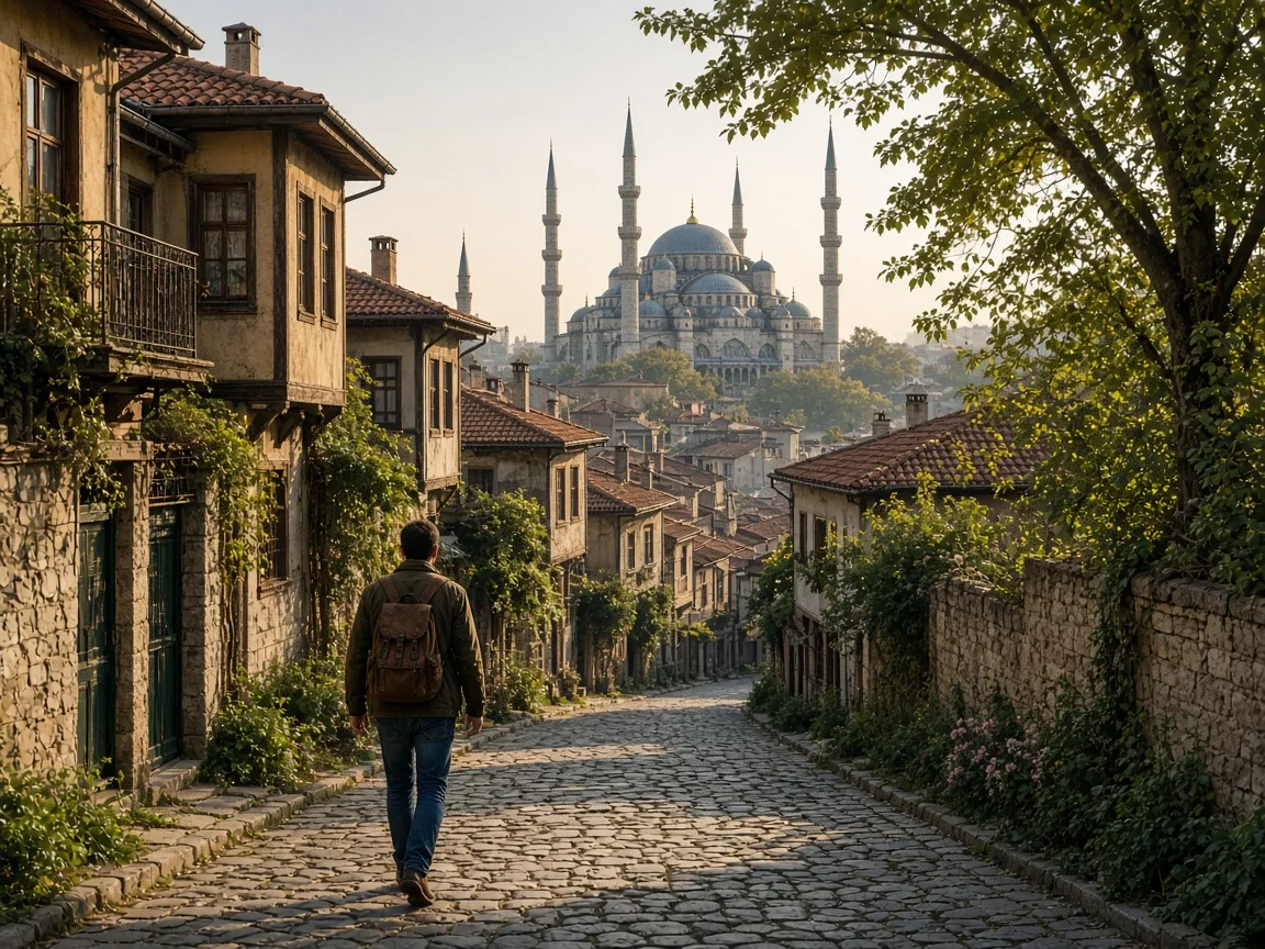 Tarihi sokaktan minareleri görünen yürünebilir merkez