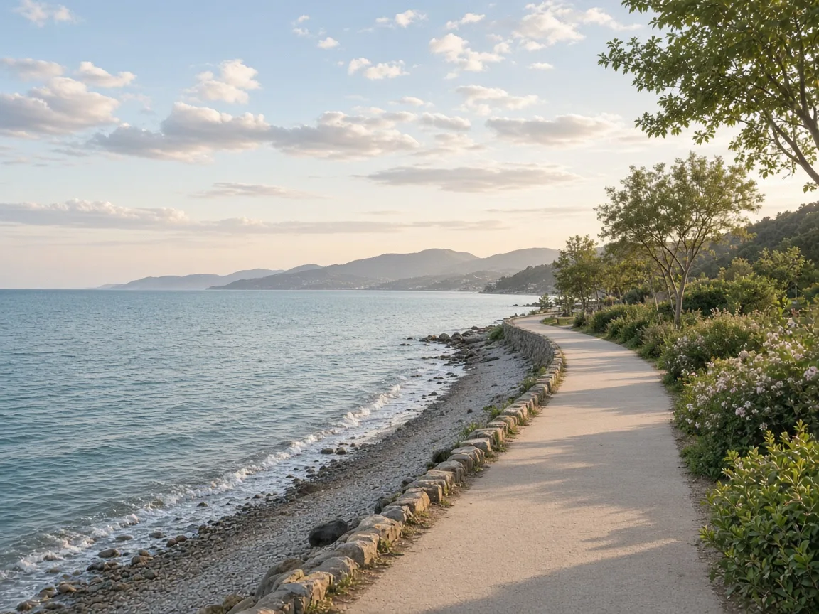 Sakin bir körfez kıyısında deniz kenarı yürüyüş yolu ve yumuşak yaz ışığı