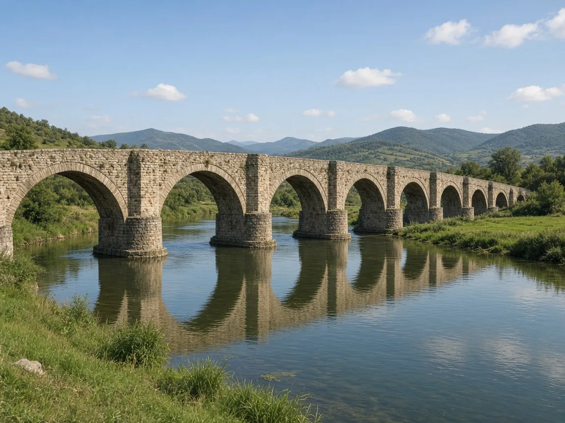Kırsal bir ortamda nehir üzerindeki uzun çok gözlü tarihi taş köprü