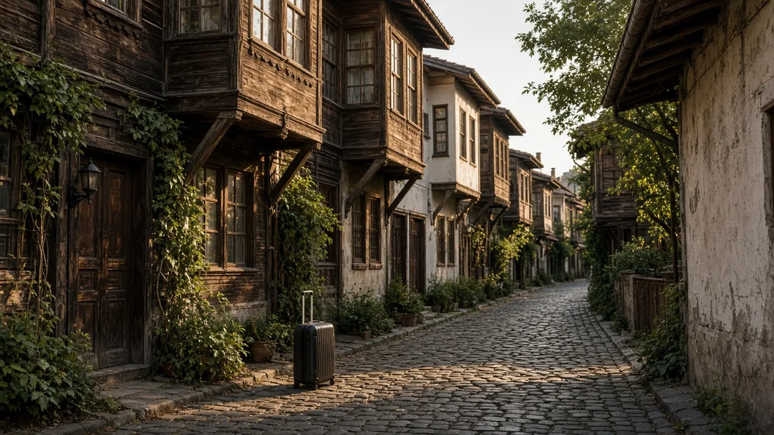 Akşamüstü ışığında taş döşeli dar bir Kaleiçi sokağı, ahşap cumbalı eski evler ve yol kenarında duran bir bavul