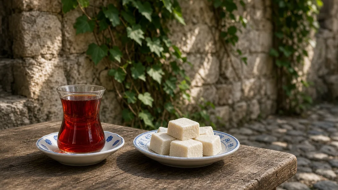 Taş döşeli sessiz bir avluda ahşap masa üzerinde ince belli bardakta çay ve küçük bir tabakta badem ezmesi, arkada sarmaşıklı taş duvar