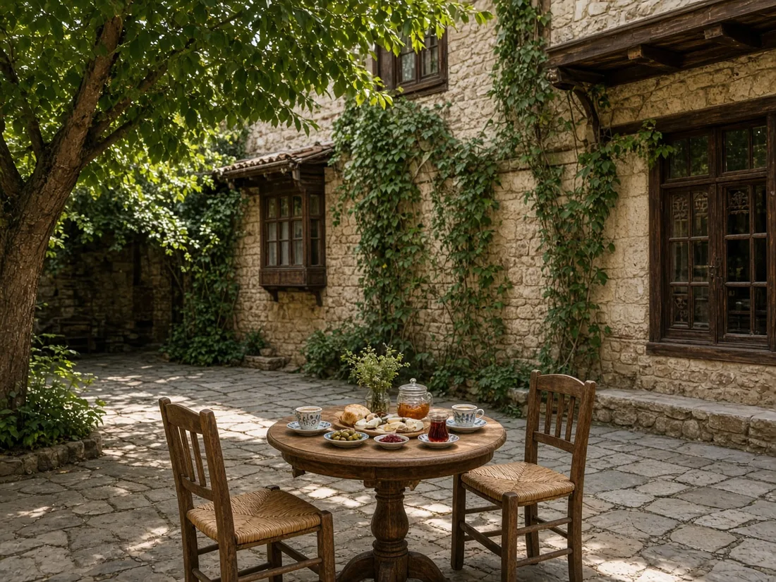 Kaleiçi'nde taş avluda iki kişilik kahvaltı-kahve sofrası