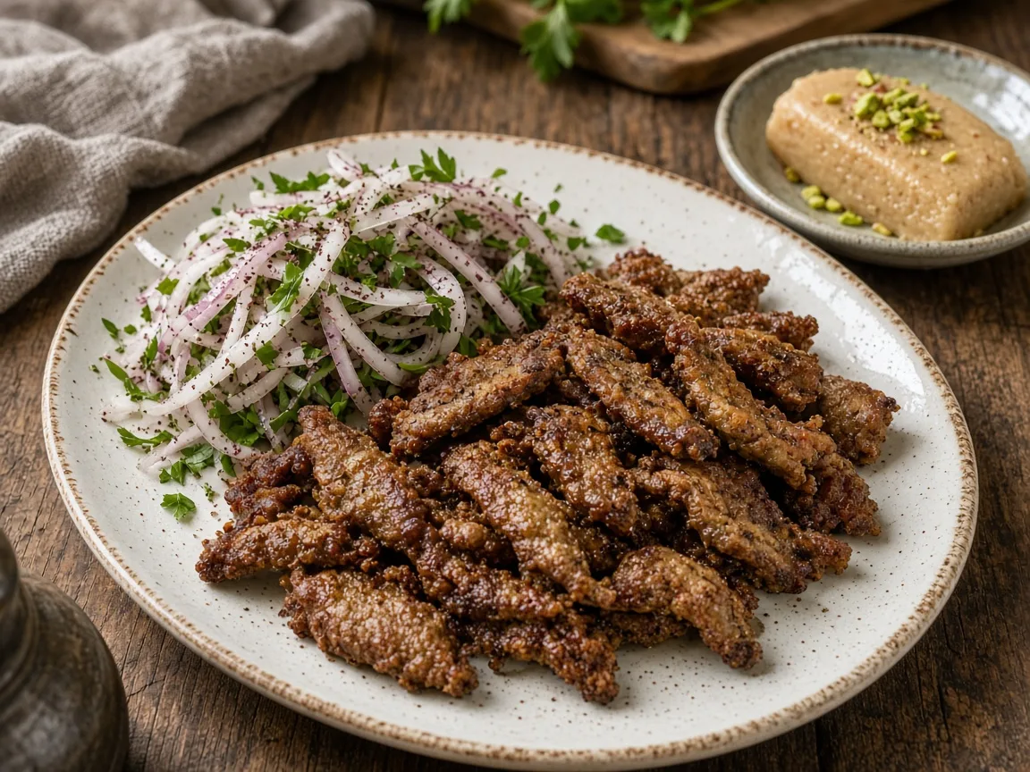 Tabakta tava ciğeri, soğan salatası ve yanında badem ezmesi