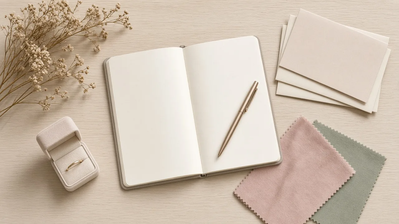 Düğün bütçesi planlama: defter, kalem, davetiye ve alyans kutusu