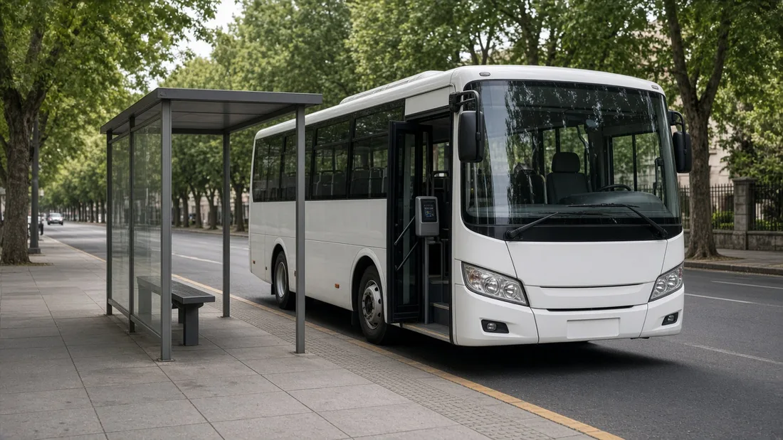 Bir otobüs durağında, kart okuyuculu bir minibüsün açık kapısı ve arka planda ağaçlı bir bulvar