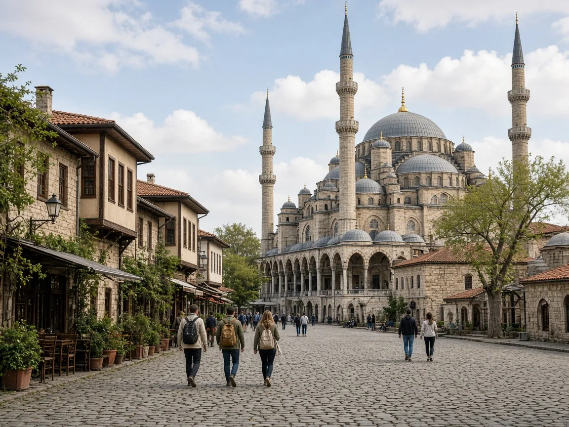 Yürünebilir kompakt Edirne merkezinde taş meydan, büyük cami ve gezginler