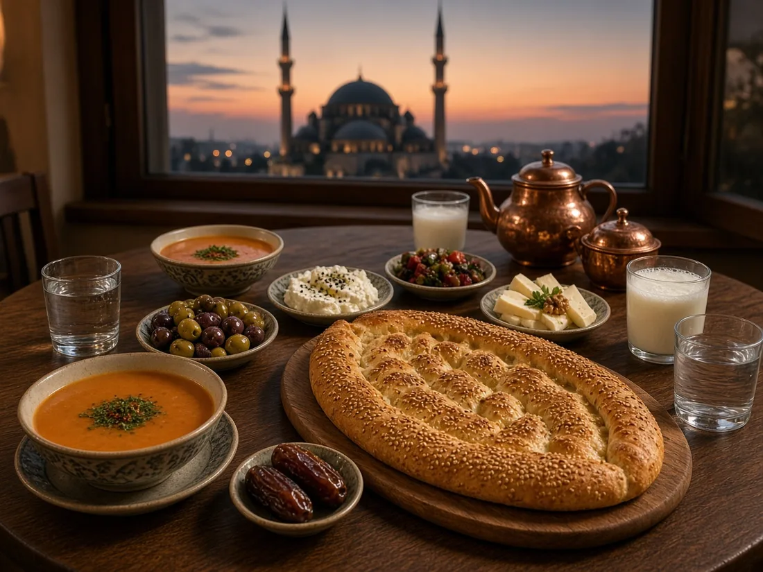İftar sofrası: Ramazan pidesi, çorba, hurma ve mezeler, pencereden cami silueti