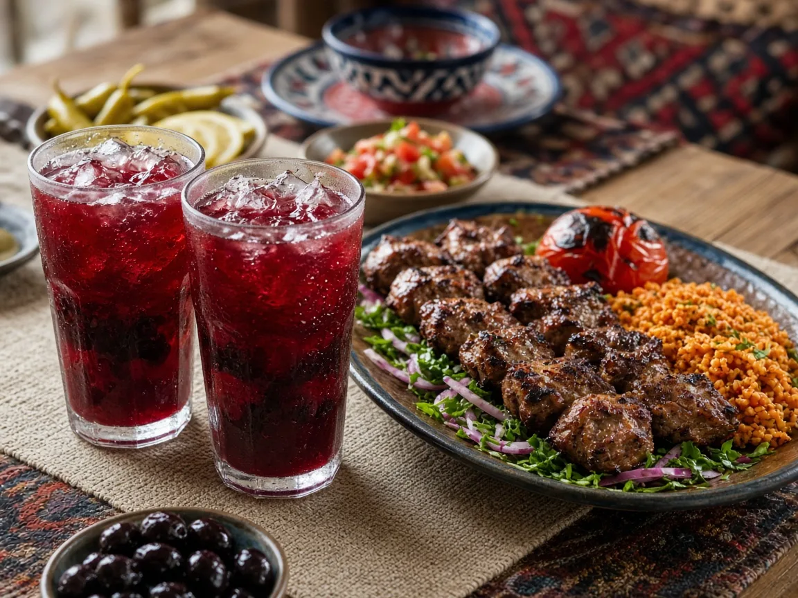 Soğuk servis edilen hardaliye ve yanında yöresel ızgara tabağı
