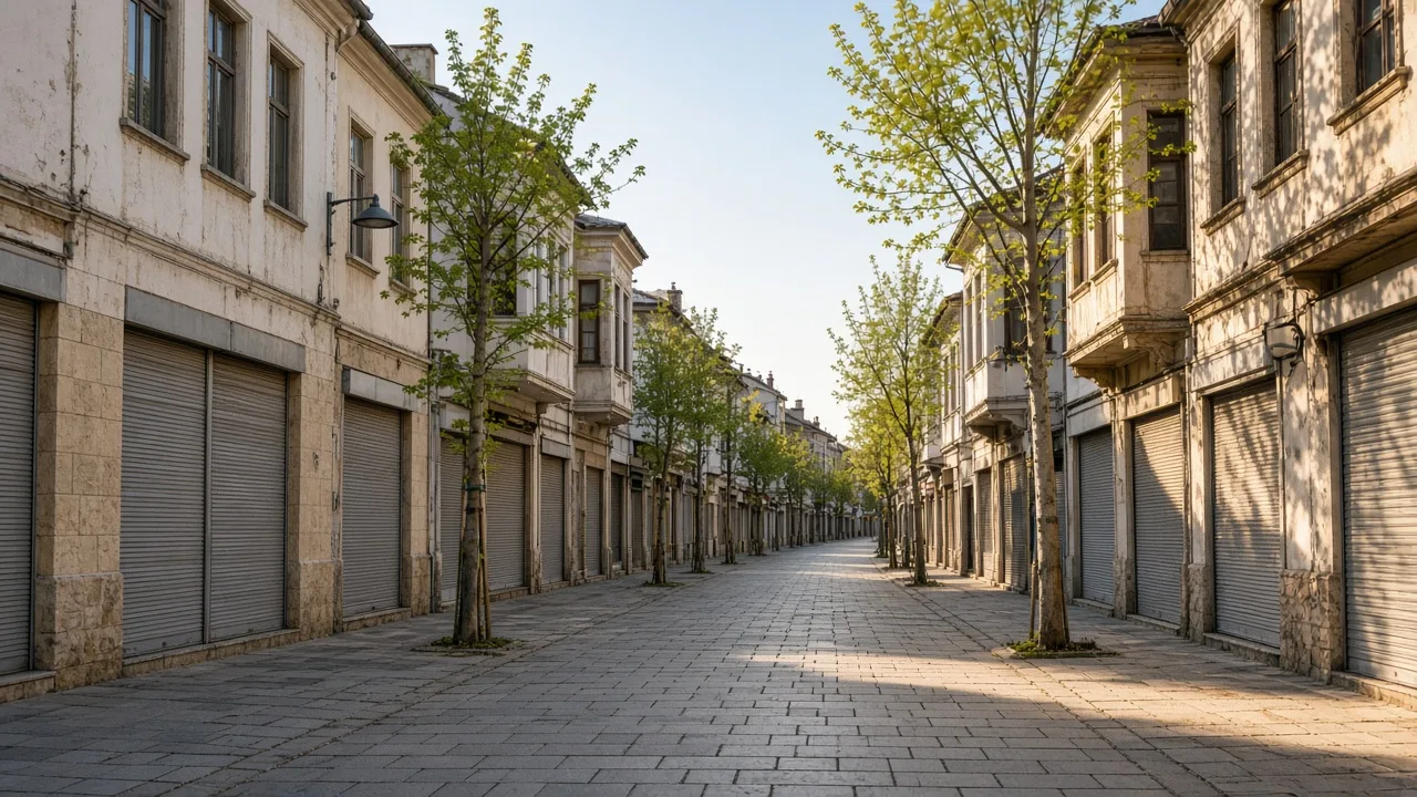 Sabah ışığında taş döşeli, yayalara ayrılmış geniş bir çarşı caddesi ve iki yanında eski cepheli dükkânlar