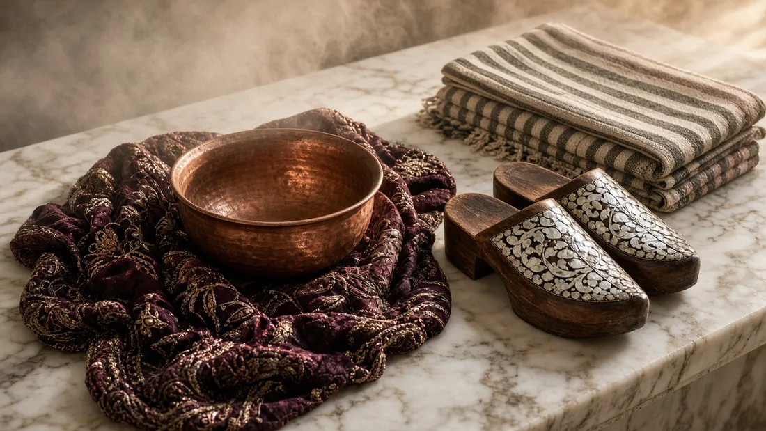 Mermer bir sekinin üzerinde açılmış işlemeli bohça, içinde bakır hamam tası, sedef kakmalı ahşap nalınlar ve katlanmış çizgili peştamal, loş sıcak ışık