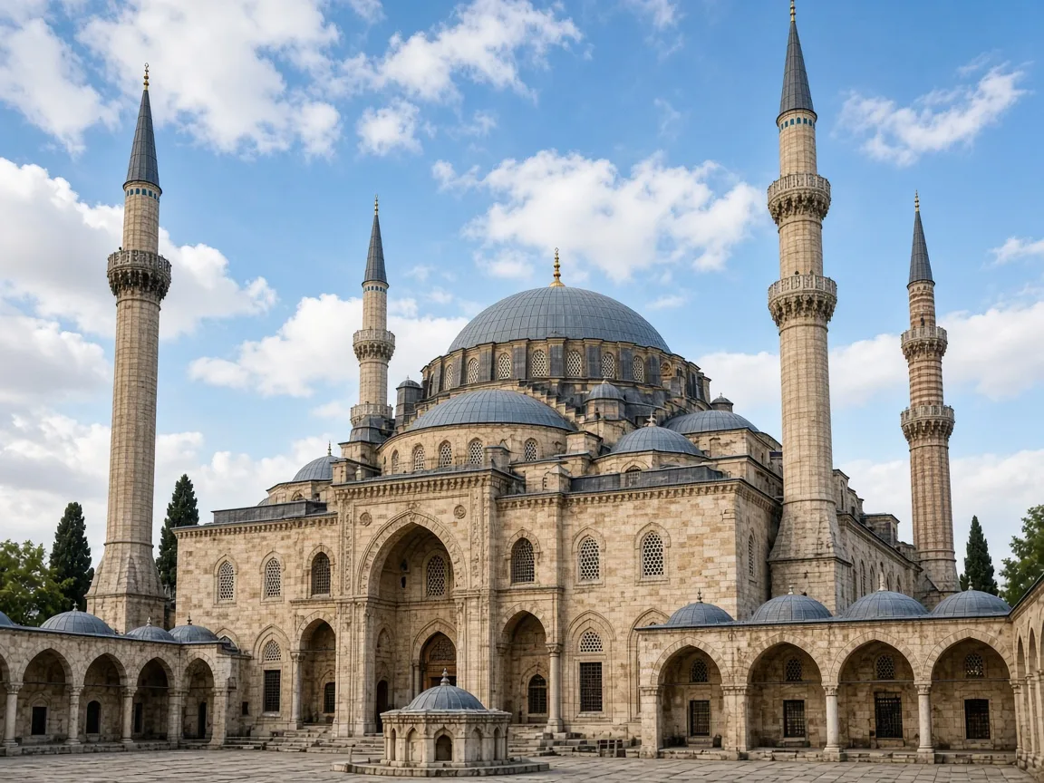 Tek büyük kubbeli ve dört minareli tarihi caminin dış görünümü