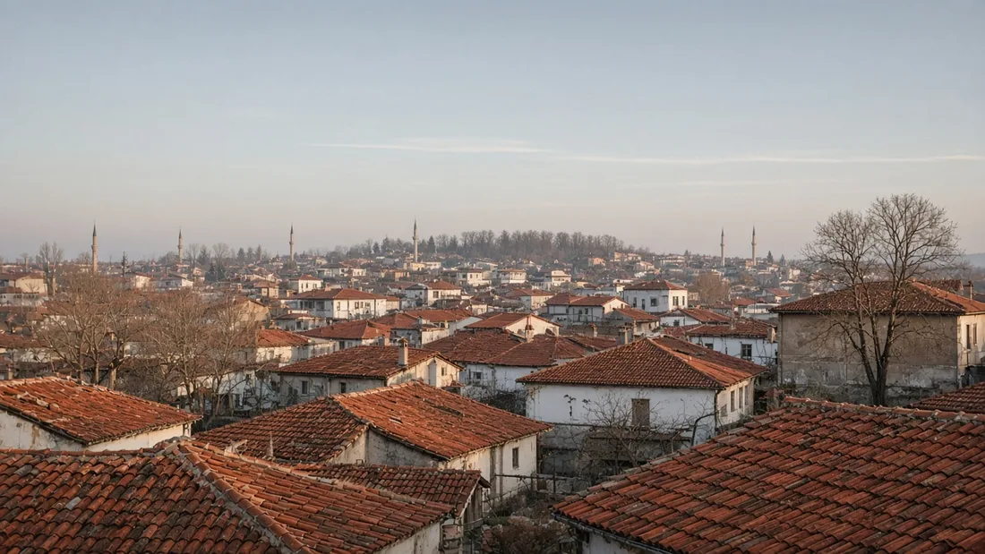 Kasım sabahında Edirne'nin kiremit çatıları üzerinden uzaktaki ince minare siluetlerine uzanan manzara, berrak sonbahar gökyüzü