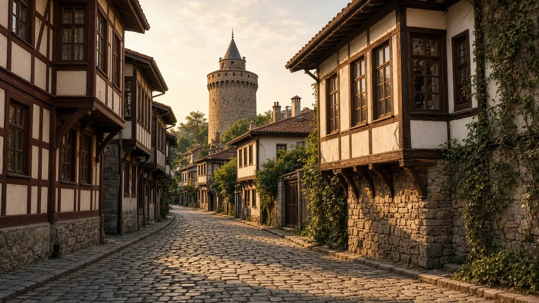 Birbirini dik kesen dar taş döşeli sokaklar, iki yanda cumbalı ahşap evler ve uzakta yükselen yuvarlak bir taş kule, ikindi ışığı