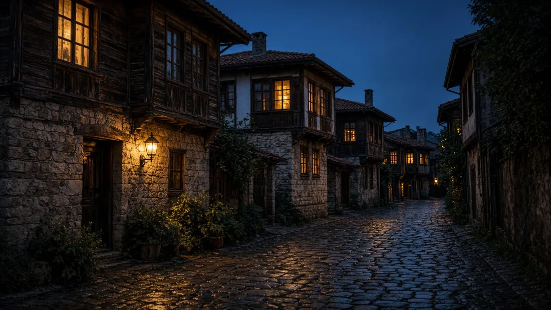 Akşam karanlığında pencereleri ışıl ışıl yanan ahşap ve taş evlerle dar Arnavut kaldırımı sokak