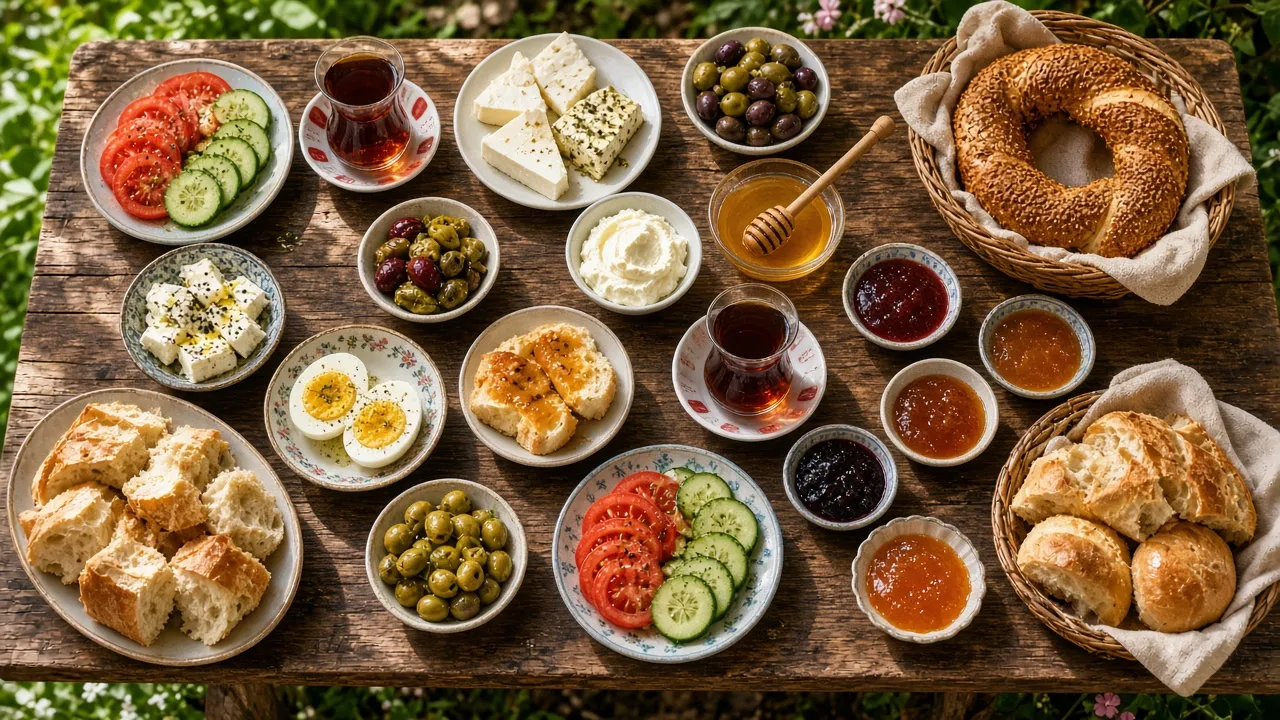 Yeşil bir bahçede rustik ahşap masada zengin serpme kahvaltı sofrası