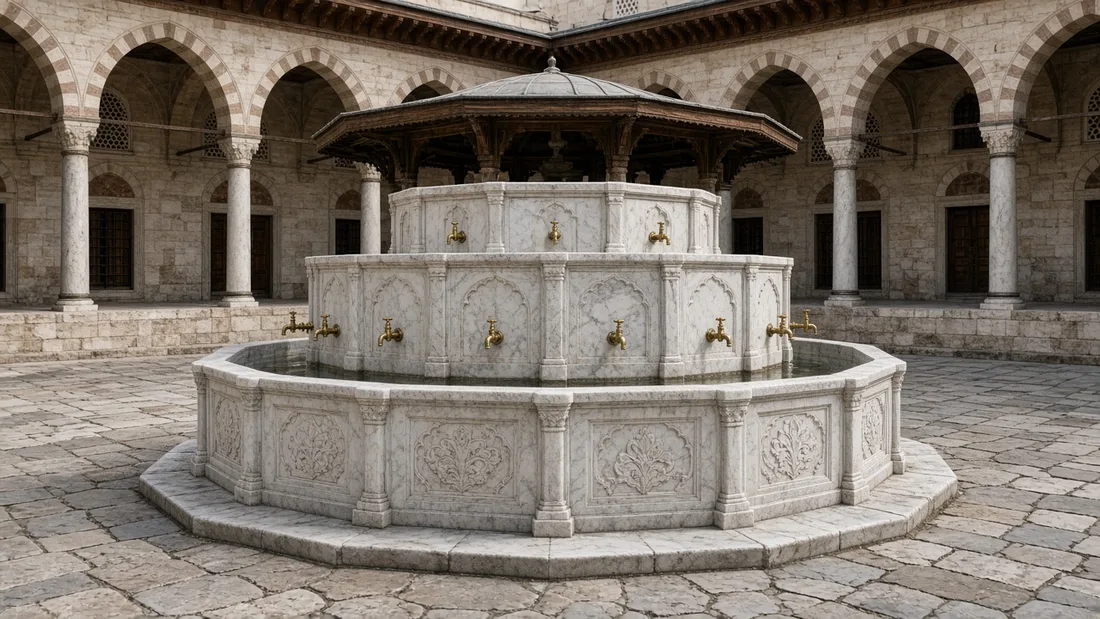 Revaklı tarihi cami avlusunda pirinç musluklu sekizgen mermer şadırvan