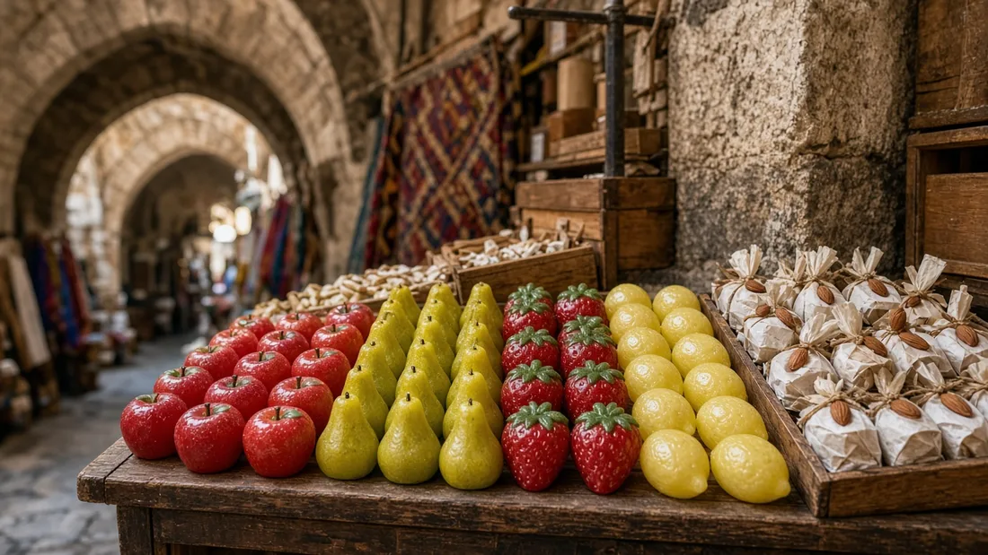 Taş kemerli tarihi çarşıda tezgâha dizilmiş meyve biçimli renkli sabunlar ve badem ezmesi paketleri