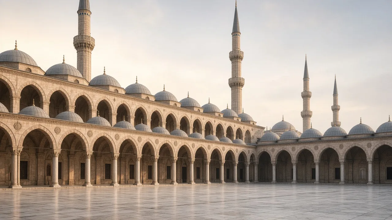 Taş döşeli bir avluyu çevreleyen kubbeli revaklar ve arkada yükselen ince minareler, sabah ışığı