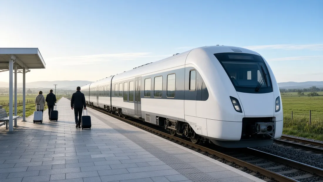 Trakya ovasında küçük bir istasyonda bekleyen beyaz bölgesel yolcu treni ve bavullu yolcular