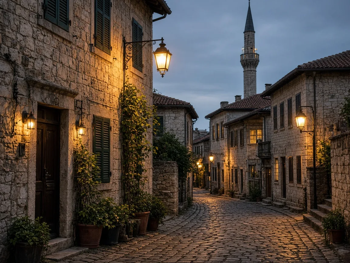 Akşam ışığında tarihi taş sokak ve arkada cami minaresi