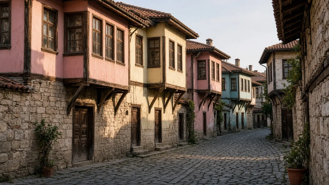 Arnavut kaldırımlı dar bir sokakta sıralanan cumbalı eski ahşap evler, akşamüstü sıcak ışık
