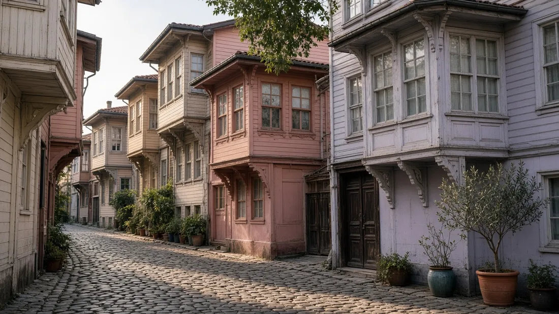 Taş döşeli dar bir sokakta sıralanan iki katlı eski ahşap evler
