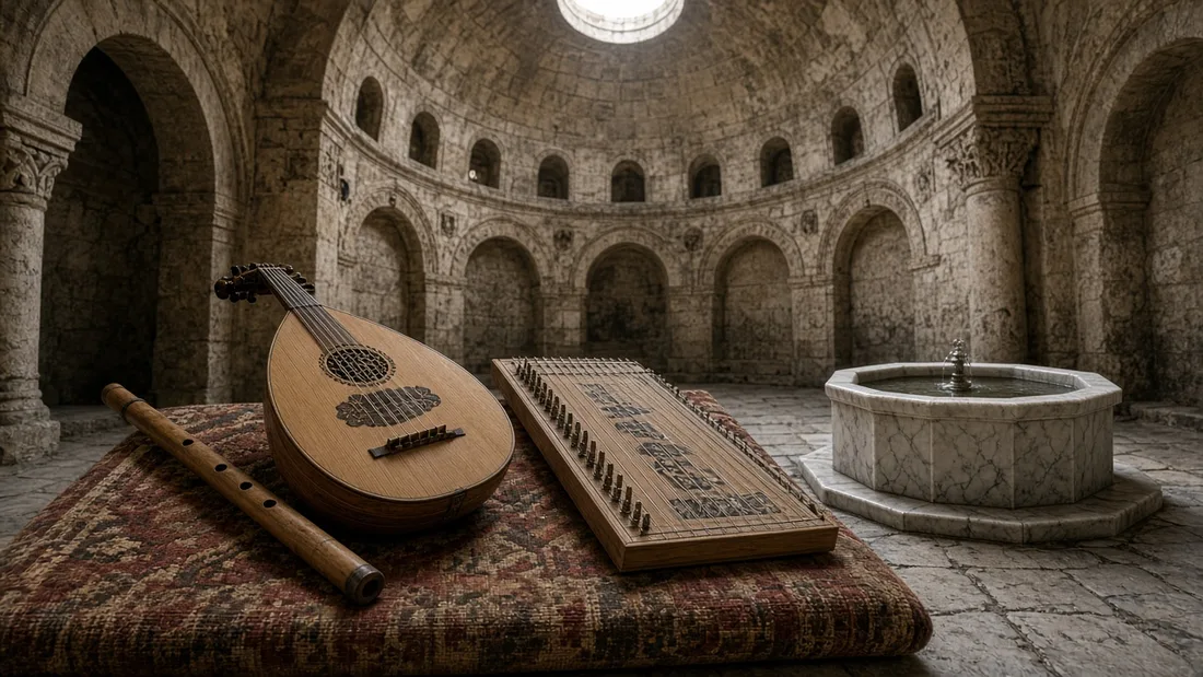 Kubbeli taş salonda kilim üzerinde ney, ud ve kanun, yanında küçük mermer çeşme