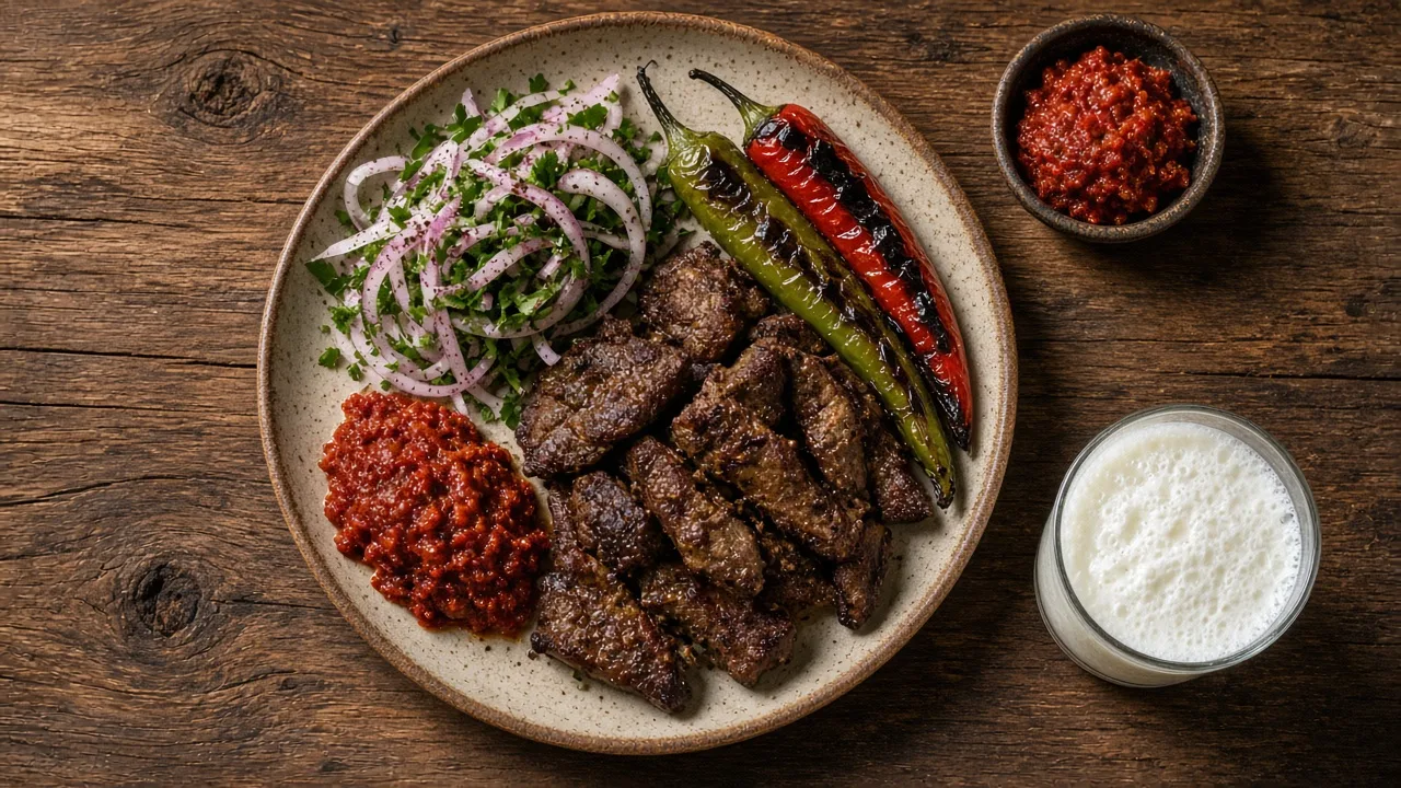 Soğan salatası, kızartılmış kuru biber ve ayranla servis edilen tava ciğeri