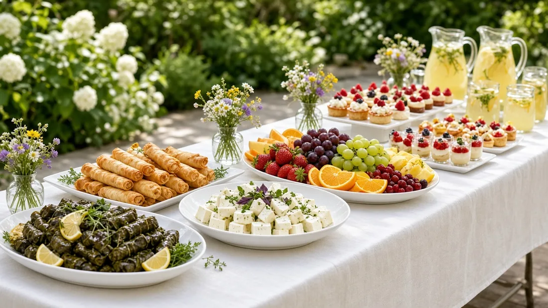 Bahçede beyaz örtülü uzun ikram masasında sarma, börek, peynir, meyve ve mini tatlılar
