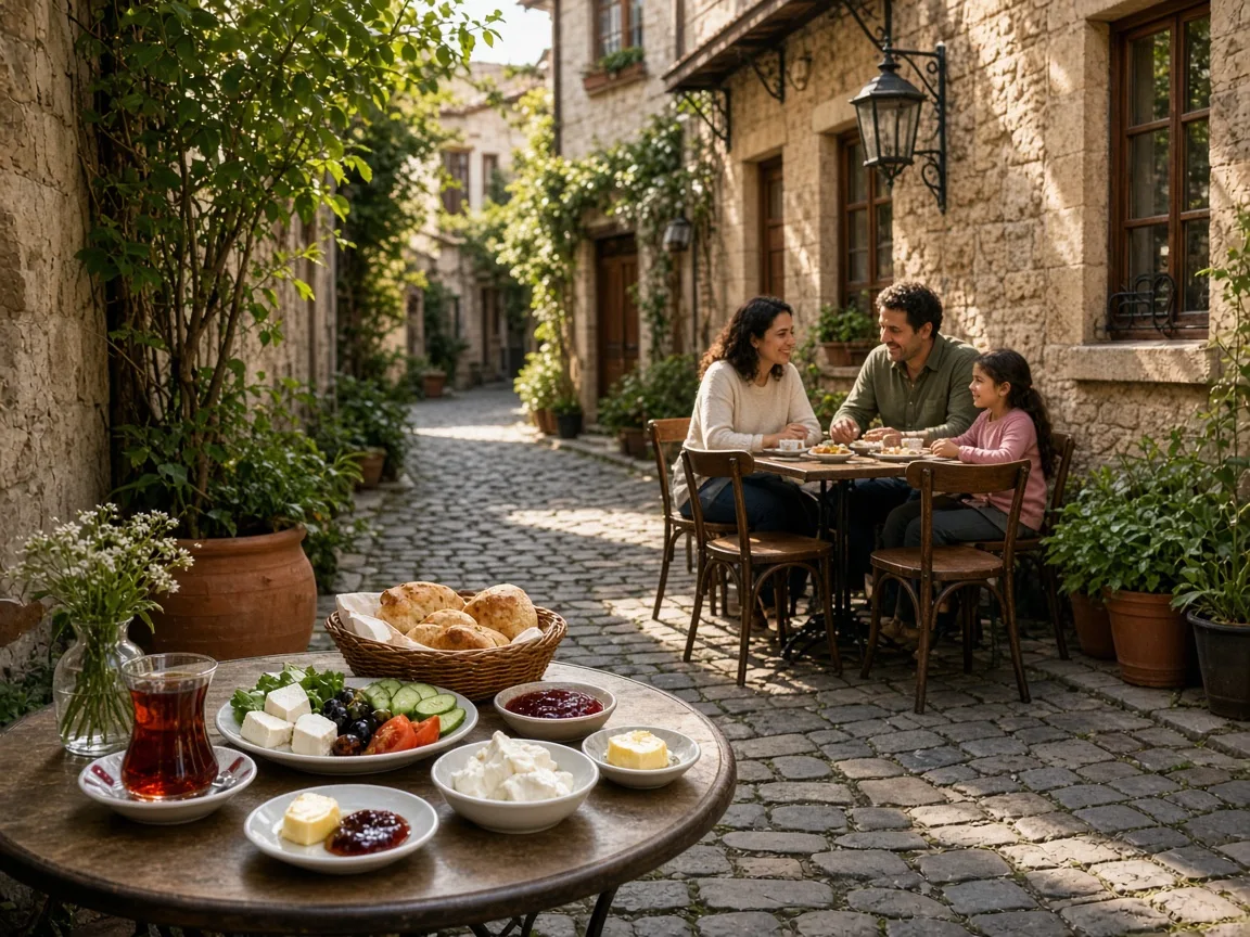 Tarihi taş sokakta gölgeli kafe masası ve kahvaltı