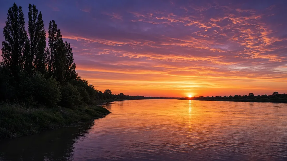 A sky turning orange and purple at sunset over a wide river, poplar trees silhouetted on the bank and light shining on the water