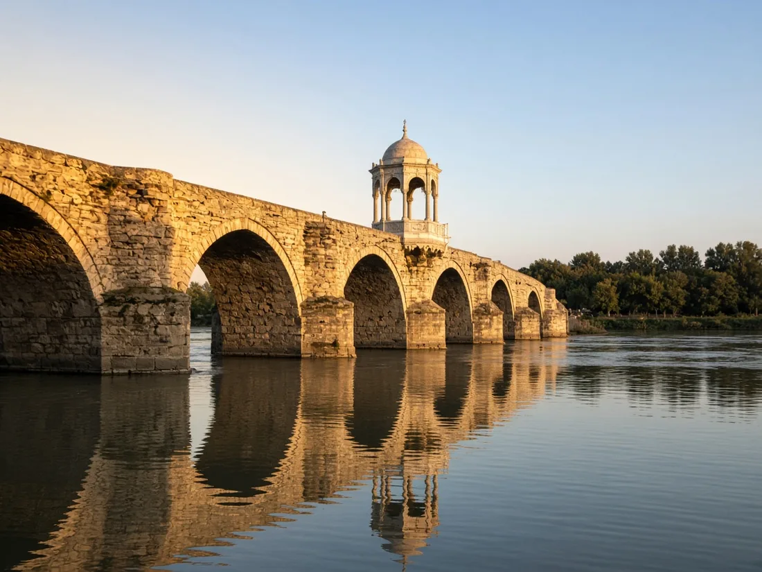 Yaz akşamüstü nehir üzerindeki köşklü tarihi taş köprüde altın ışık