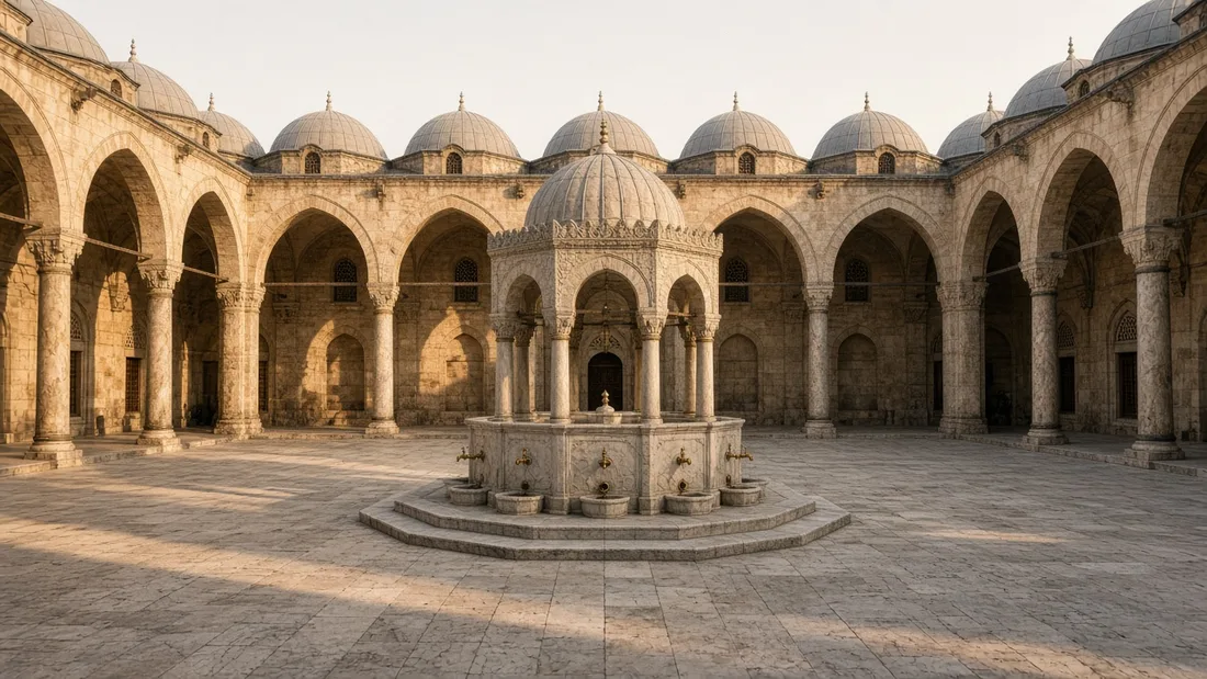 Taş bir avluyu çevreleyen kubbeli revaklar ve ortada mermer bir şadırvan, ikindi ışığı
