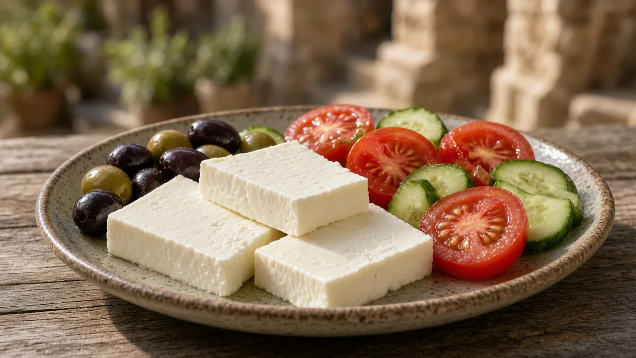 Kahvaltı tabağında dilimlenmiş salamura beyaz peynir, zeytin ve domates