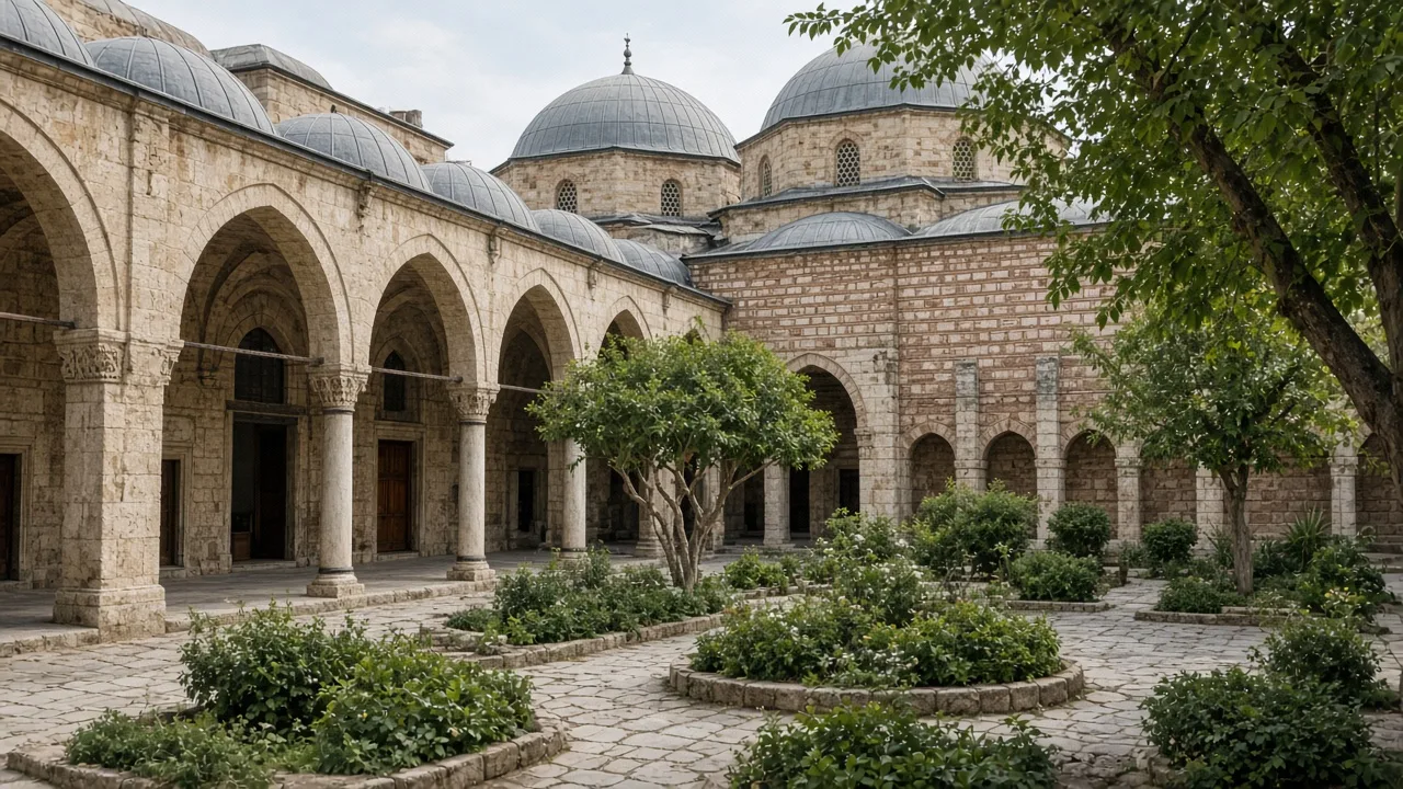 Gün batımında nehir kenarı ve çok kemerli tarihi taş köprü
