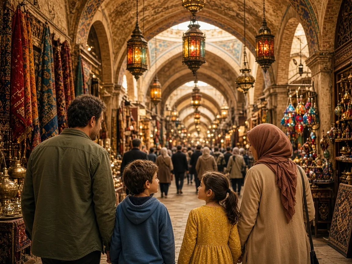 Anne baba ile renkli tarihi çarşıyı keşfeden çocuklar