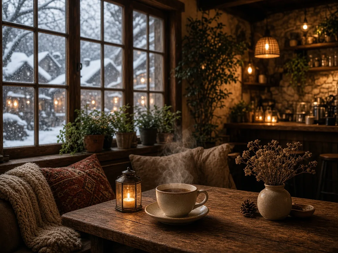 Kışın camdan kar manzaralı, sıcak ışıklı ve samimi bir kafe iç mekânı