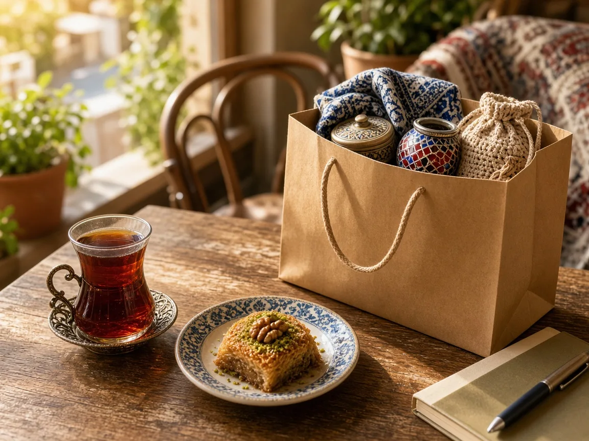 Edirne'de bir kafe masasında çay, tatlı ve yöresel hediyelik dolu kese kâğıdı